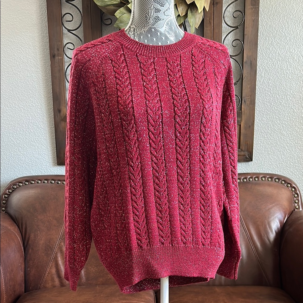 Athleta Red Cable Knit Crew Neck Sweater